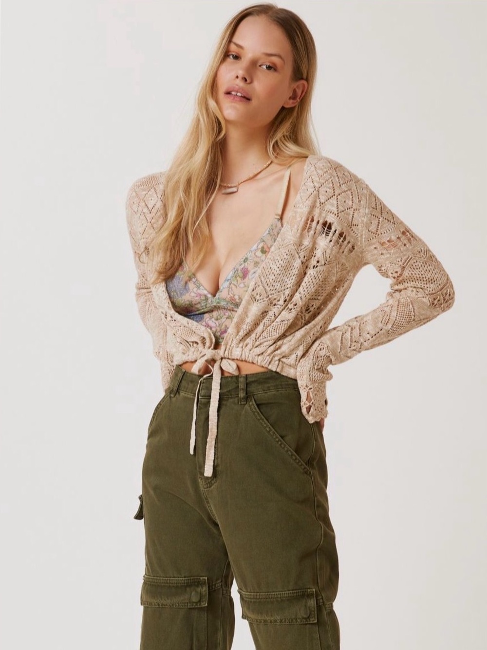 Anthropologie Pointelle Cropped Tie Cardigan